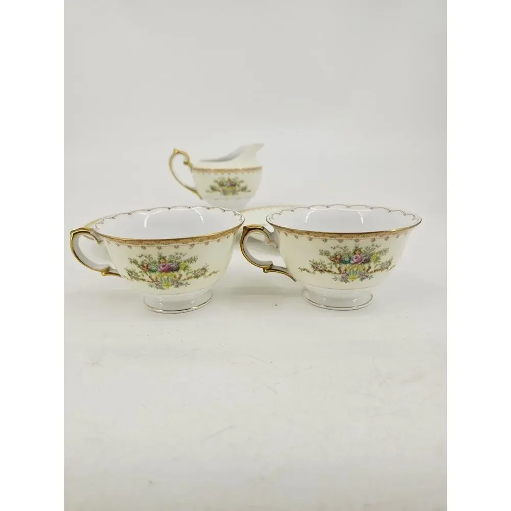 Meito Jewel Floral & Gold Pattern Set Of 2 Cups & Saucers & Creamer Japan